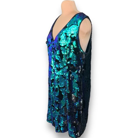 NYE SEQUINS! Mini Dress Blue Green Sequins Black Velvet Vneck Sleeveless… - Picture 2 of 10